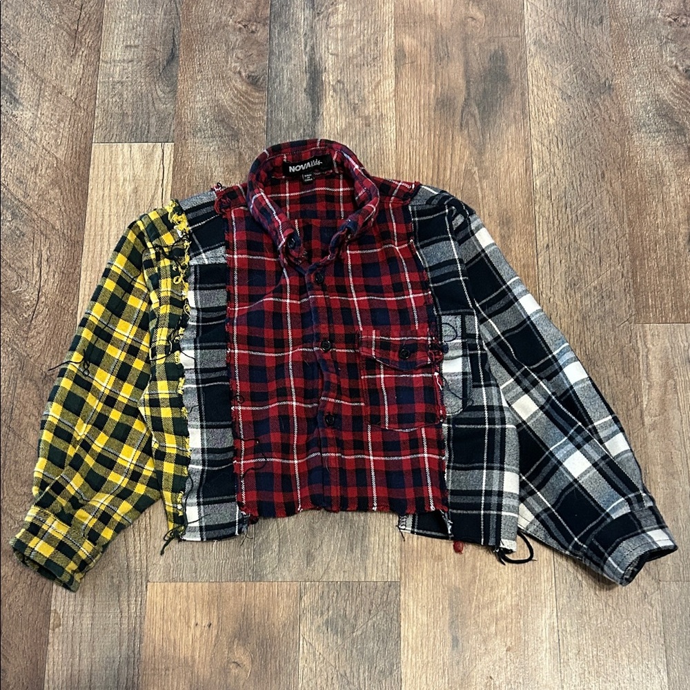 Kids Patchwork Plaid Nova Kids Button Down Shirt - Red, Yellow, Black